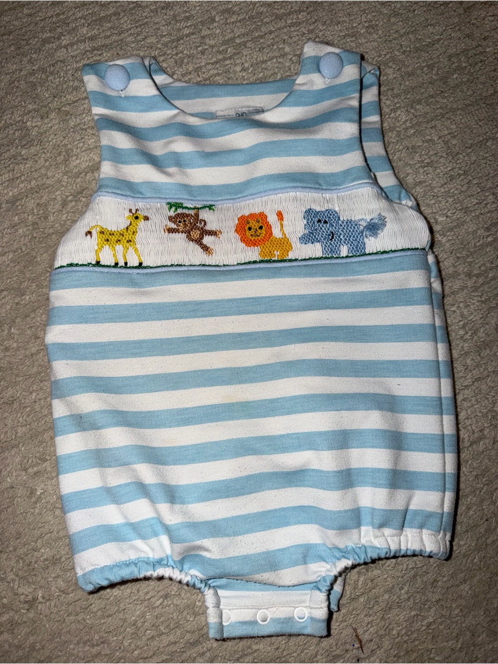 Blue & White Striped Smocked Safari Baby One-Piece Bodysuit
